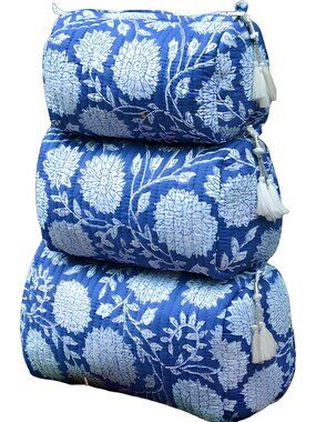 100% Cotton Boho Block Print Cosmetic Bag | Travel Toiletry Pouch for Women